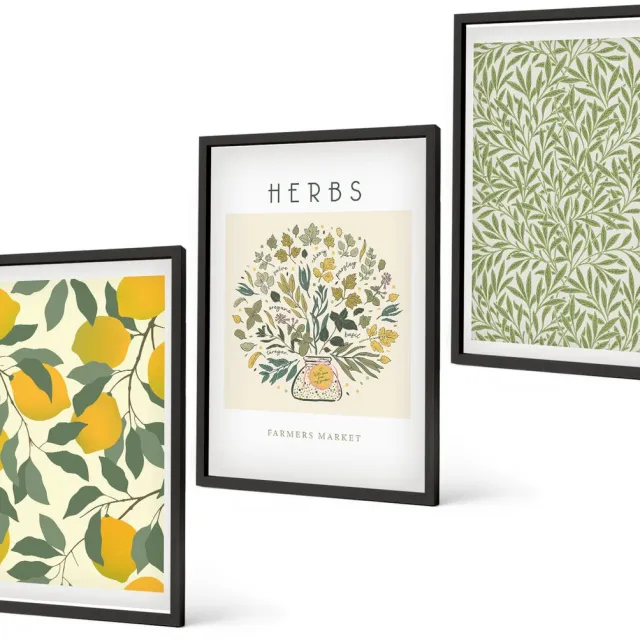 Coloray 3-Delige Schilderij Set - Citroenmotieven Met Kruiden En Plantenbladeren - 40 x 60 cm - Moderne Wanddecoratie - Woonkamer - Interieur Decoratie Zwarte lijst