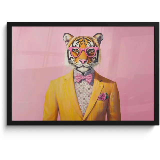 FrameYourWall Poster in lijst - Fotolijst 60x40 cm - Posters - Tijger - Bril - Geel - Jasje - Posterlijst zwart - Decoratie - Wanddecoratie woonkamer - Muurdecoratie slaapkamer