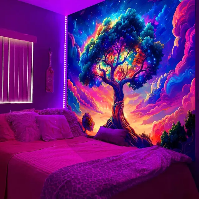 Unyqoos Esthetisch wandtapijt met levendig levensboommotief en UV-reactieve kleuren 150 x 200 cm Meerkleurig