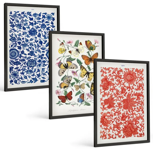 TULUP 4-Delige Schilderij Set - Vintage posters met bloemen, vlinders en ornamenten - 40 x 60 cm - Stijlvolle Muurdecoratie - Kantoor zwarte lijst