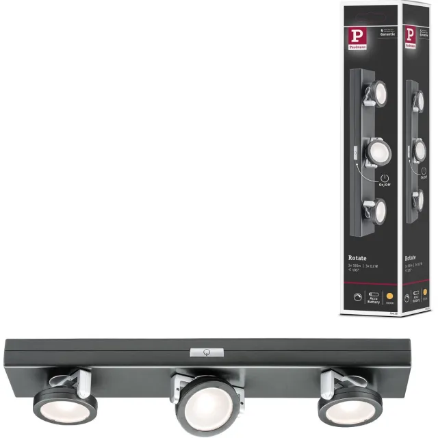 Paulmann LED-onderkastverlichting Batterij Rotate incl. schakelaar 310x60 mm 3x18lm 3000K dimbaar Antraciet, Chroom mat