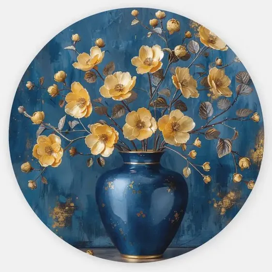 Trendex Global Rond Schilderij - Bloemen - Vaas vol bloemen - Muurcirkel - Wanddecoratie print op Dibond - 100 cm Blauw