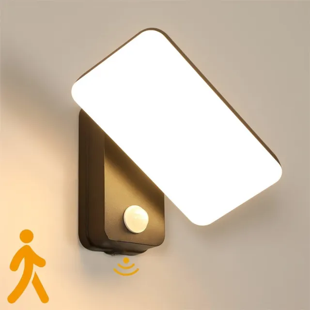 Zyronn Buitenwandlamp met bewegingssensor, IP65 zwarte LED-wandlamp met draaibaar LED-paneel, binnen-/buitenlamp voor tuin, balkon, gang, warm wit 3000K - (Aansluiten op de stroomvoorziening) 1 stuk Zwart