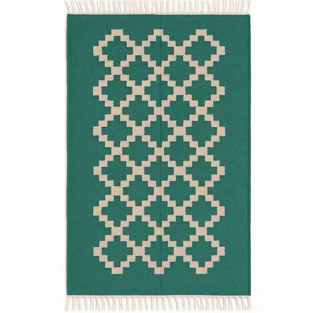 Kelima Handgemaakt Kelim Vloerkleed – Wol – 90 x 160 cm – Senon Groen diamantmotief