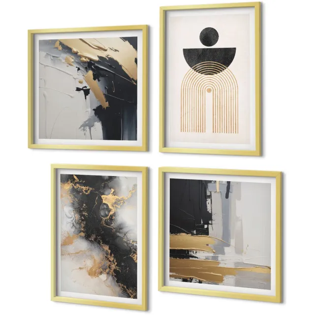 Coloray 4-Delige Schilderij Set - Geometrie en abstractie: elegante compositie - 40 x 40 cm en 40 x 60 cm - Muurdecoratie - Interieur Decoratie - Decoratieve Schilderijen Gouden lijst
