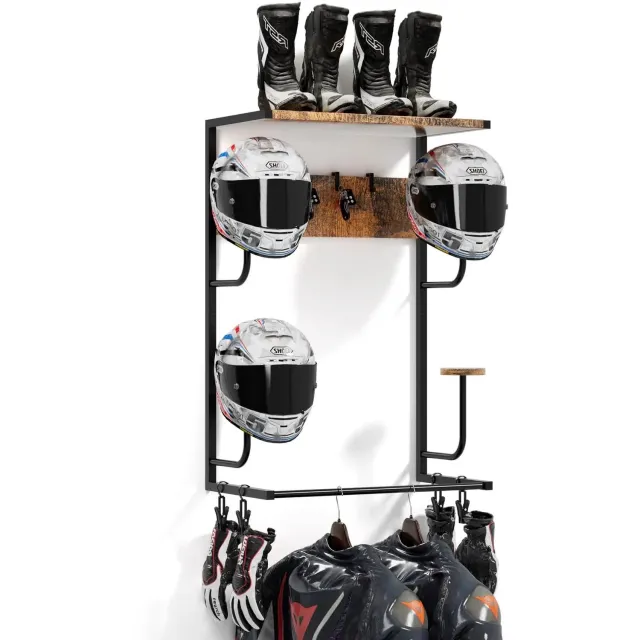 VILIMA Motorhelmhouder - Kapstok helm - Motorhelmrek muur - 42,9 × 24,1 × 82 cm - Opbergen van motoruitrusting - Kapstok Bruin