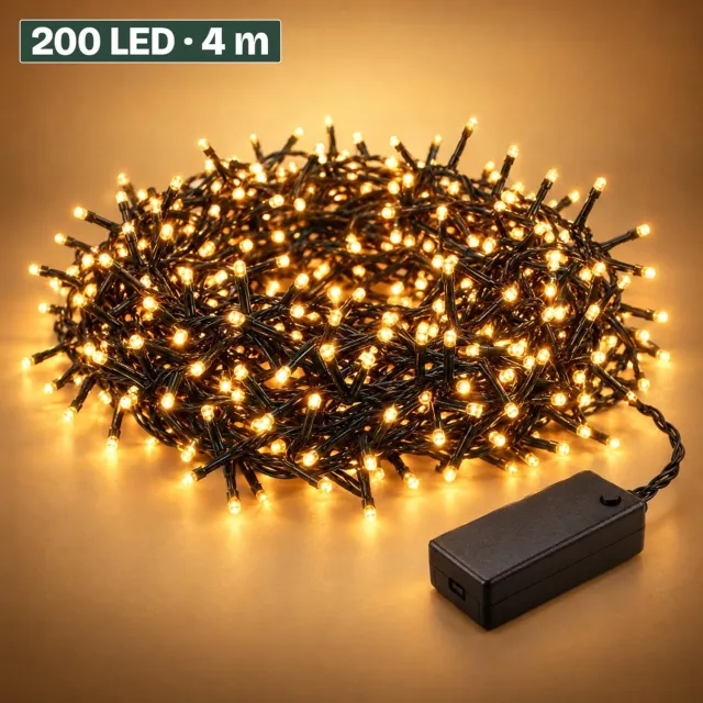 Levano Kerstverlichting Extra Warm Wit 200 LED 4 m - Kerstverlichting op Batterij - Clusterverlichting Kerstboom - Lichtsnoer Binnen - Kerstlampjes - LED Lampjes op Batterijen - Lichtslinger - Kerstboomverlichting - 8 Lichtfuncties