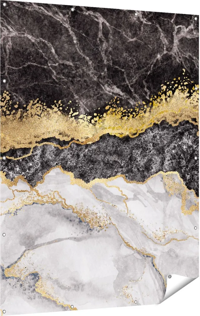Gards Tuinposter Abstracte Kunst - Zwart met Witte Marmer - 120x160 cm - Tuindoek - Tuindecoratie - Wanddecoratie buiten - Tuinschilderij Multikleur