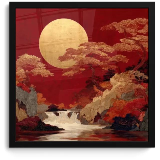 FrameYourWall Poster in lijst - Fotolijst 40x40 cm - Posters - Volle maan - Landschap - Waterval - Posterlijst zwart - Decoratie - Wanddecoratie woonkamer - Muurdecoratie slaapkamer