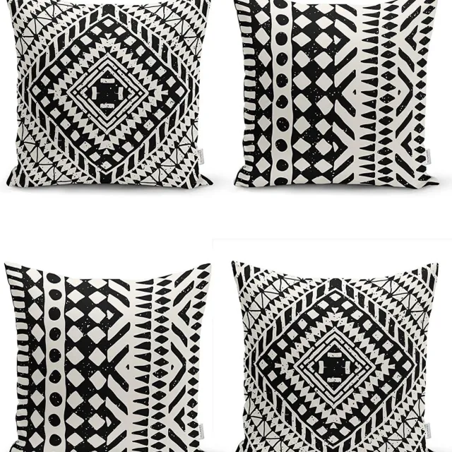 Zethome Kussenhoes Vierkantjes - 4 Stuks - Dubbelzijdig Bedrukt – Soft Touch – 43 x 43 Zwart en Licht Geel - Scandinavisch Patroon Grijis