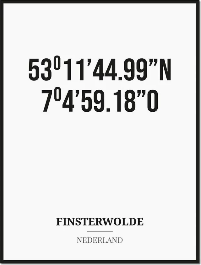 Studio216 Poster/kaart FINSTERWOLDE met coördinaten zwart, wit