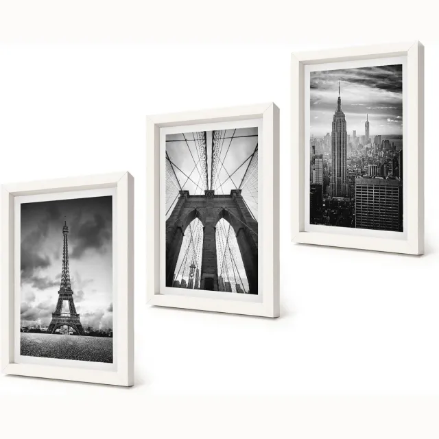 Coloray 3-Delige Schilderij Set - Torens en bruggen in monochrome tinten - 20x30 - Decoratieve Schilderijen - Woonkamer - Interieur - Moderne Wanddecoratie Witte lijst