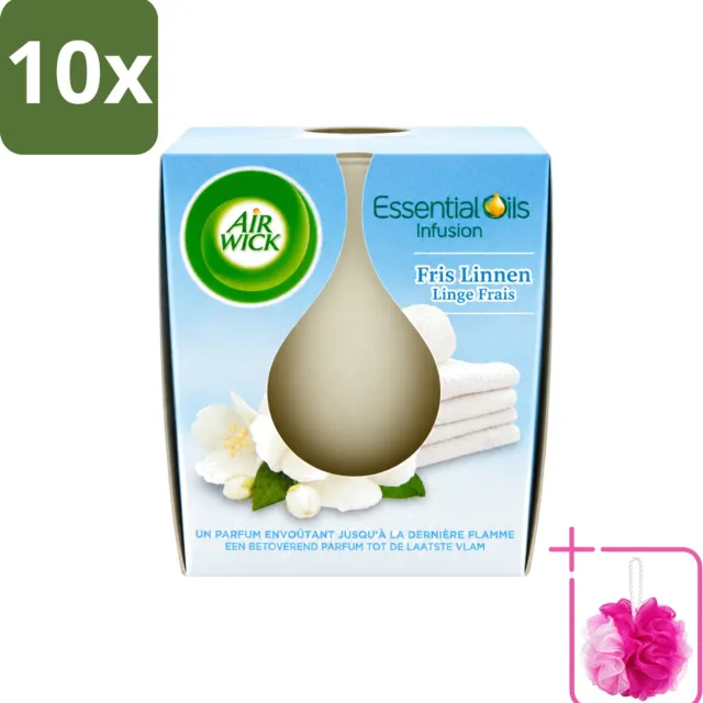 Air Wick 10 x Air Wick – Geurkaars – Fris Linnen met Essentiële Oliën – 105 g - Bulkverpakking - Geurkaars - Douchemop - Fris linnen Wit