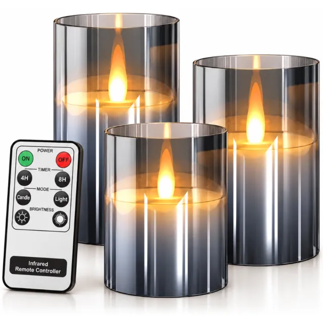 Nince LED Kaarsen met bewegende vlam - Set van 3 - Dimbaar - Timer - Afstandsbediening - Wax ledkaars - Grijs