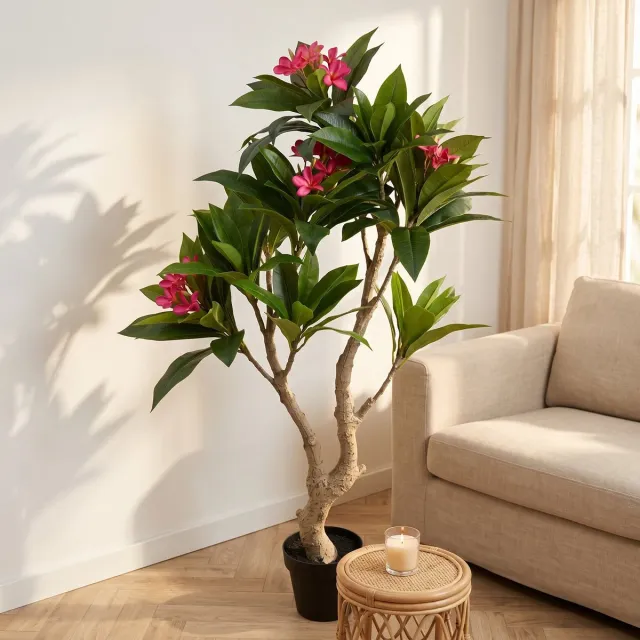 Cheqo Kunstplant Frangipani - Plumeria - Kunstboom - Kunst Bloesemboom - Nepplant - Roze Bloemen - Kunstbloemen - voor Binnen - Decoratie Woonkamer - Tropische Plant - Grote Kunstplant - Kunstplant in Pot - Bloeiende Kunstplant - Nep Plant