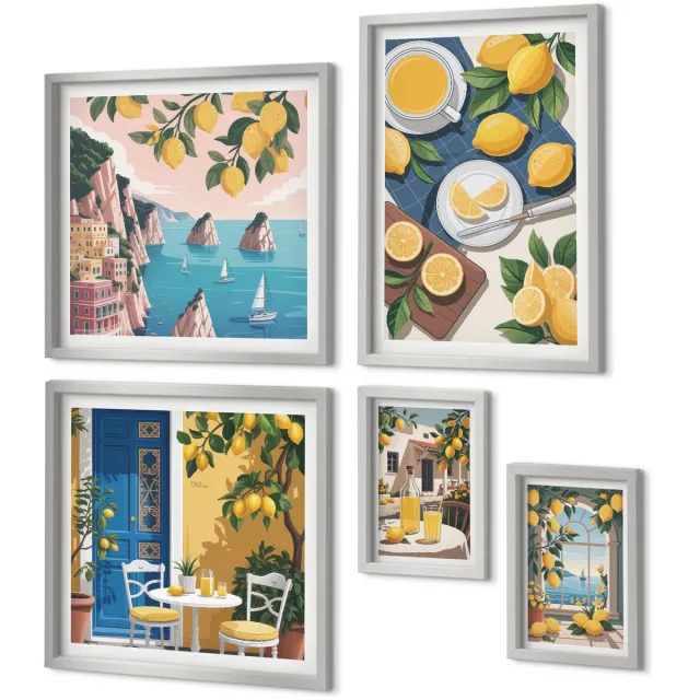 Coloray 5-Delige Schilderij Set - Bergen Met Roze Lucht, Water En Groene Vetplanten - 20 x 30 cm - Moderne Wanddecoratie - Slaapkamer - Woonkamer Decoratie Zilveren lijst