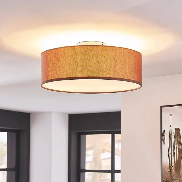 Lindby plafondlamp - 3lichts - Stof, metaal - H: 17 cm - E27 - bruin, wit, mat nikkel