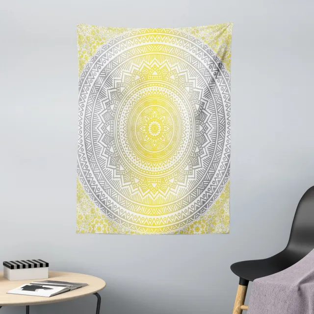 ABAKUHAUS Mandala Wandtapijt, Lichtgekleurd Ombré, 110 x 150 cm, Grijs Wit Geel Grijs