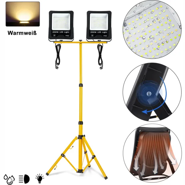 Froadp 2x 200W LED Fluter Baustrahler Flutlicht Koudwit Waterdicht IP66 Werkscheinwerper Scheinwerper Met Standaard En 3M Kabel Buitenruimte Tuin Garage Warm Wit