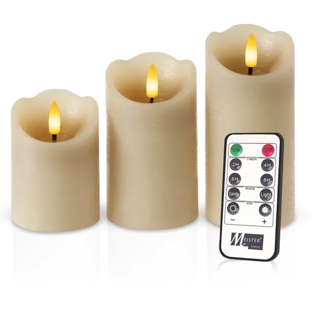 Meisterhome 3 x Led Stompkaars Rustiek - Matera Beige – Stompkaars Echte wax – Led kaarsen - 10 / 12.5 / 15 cm Hoog - Met afstandsbediening – Timer 2/4/6/8 uur - Dimbaar