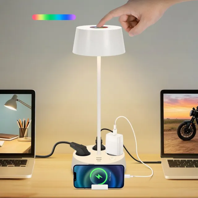 Aigostar Dimbare LED Bureaulamp - Tafellamp - White and Color Ambiance - 3 Stopcontacten - 3 USB Poorten - Leeslamp - Bedlamp - LED Desk Lamp - Wit