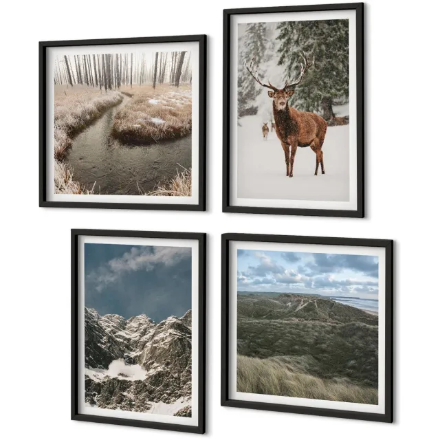 Coloray 4-Delige Schilderij Set - Bergen Met Sneeuwherten In Boslandschappen - 40 x 40 cm En 40 x 60 cm - Wanddecoratie - Moderne Interieurdecoratie - Woonkamer Decoratie Zwarte lijst