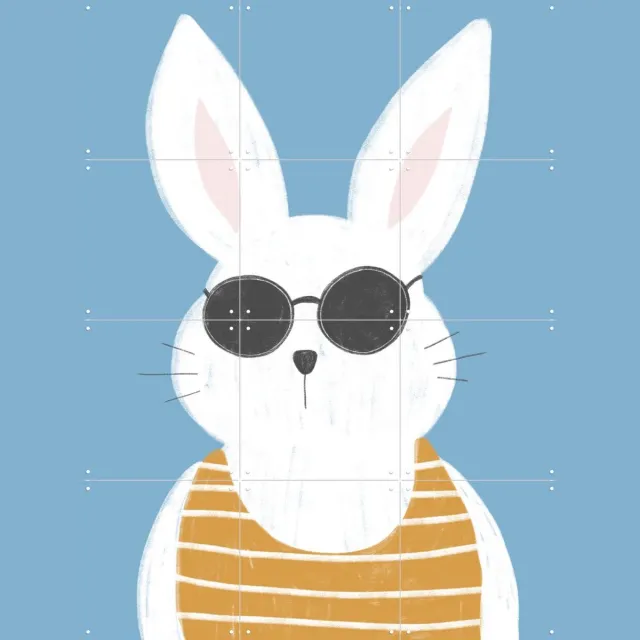IXXI Summer Bunny Vintage, BAINAI - 60 x 80 cm - Grote wanddecoratie en posters - Cartoonesk, Fantasierijk, Vintage, Illustraties, Speels Blauw