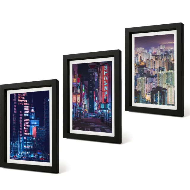 Coloray 4-Delige Schilderij Set - Nachtelijke stadsgezichten met neonlichten - 20 x 30 cm - Moderne Wanddecoratie - Slaapkamer - Interieur Decoratie Zwarte lijst