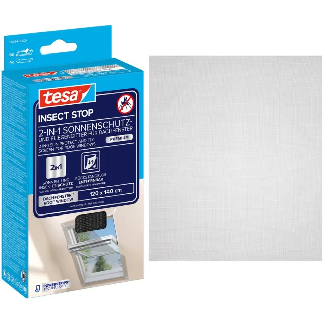 Tesa INSECT STOP 2-in-1 Sun Protect and Fly Screen for Roof Windows Premium - hor met zonbescherming voor dakramen, zonder boren, antraciet - 120 x 140 cm zwart