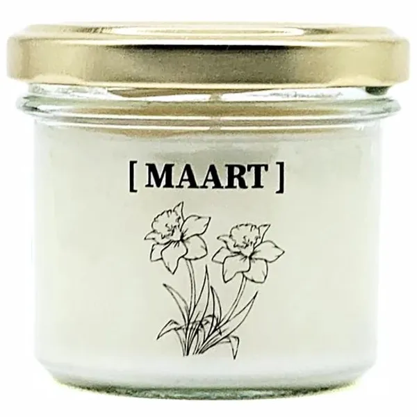 Candlelight-on geurkaars met geboortebloem en geboortedatum - 27 maart - o.b.v. sojawas en etherische oliën Wit