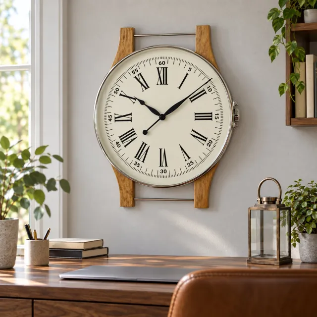 Hoppa! Wandklok in horlogevorm - Crème/Naturel/Chroom - 6 x 65 x 78 cm (B x D x H) bruin/zilver/zwart/wit