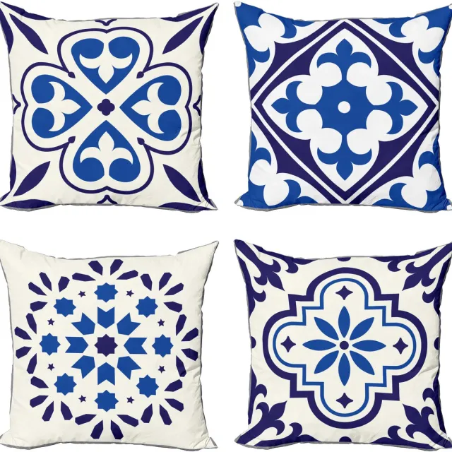 ABAKUHAUS Etnisch Sierkussen Kussenhoes 4er Set, Vintage Marokkanische Mozaïek Kunst Modern Accent Dubbelzijdige Digitale Print, 40 cm x 40 cm, Ivoor Indigo en Kobaltblau