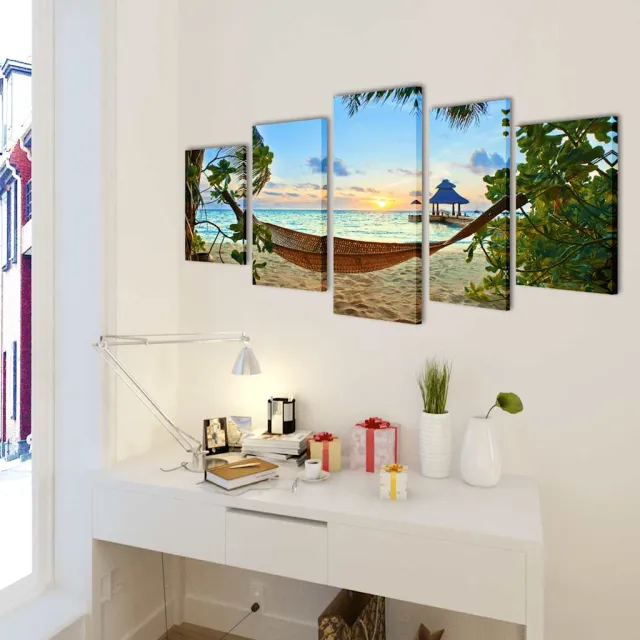 vidaXL Canvas muurdruk set zandstrand met hangmat 100 x 50 cm Meerkleurig