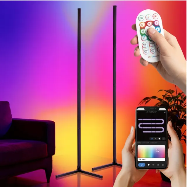 Tectake Slimme LED Vloerlampen Spectra - Set van 2 - Hoeklamp met 16 miljoen Kleuren - 200 Lichteffecten - Staande Smart Lampen - 145 cm - Dimbaar - Bediening met App, Afstandsbediening, Knop en Spraak - Woonkamer Vloer Lamp - Sfeerverlichting