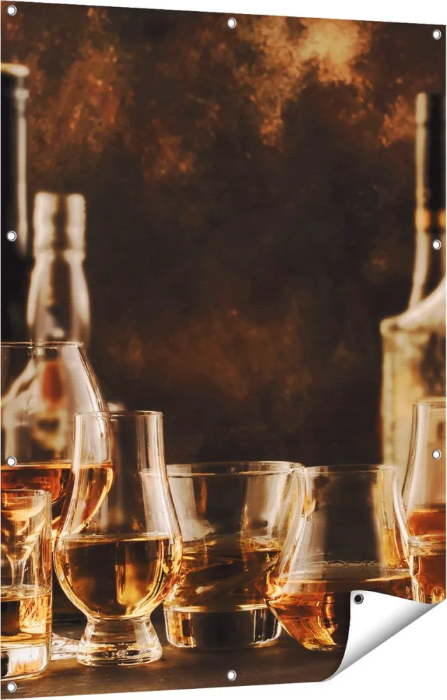 Gards Tuinposter Glazen met Sterke Drank - Flessen - 90x120 cm - Tuindoek - Tuindecoratie - Wanddecoratie buiten - Tuinschilderij Multikleur