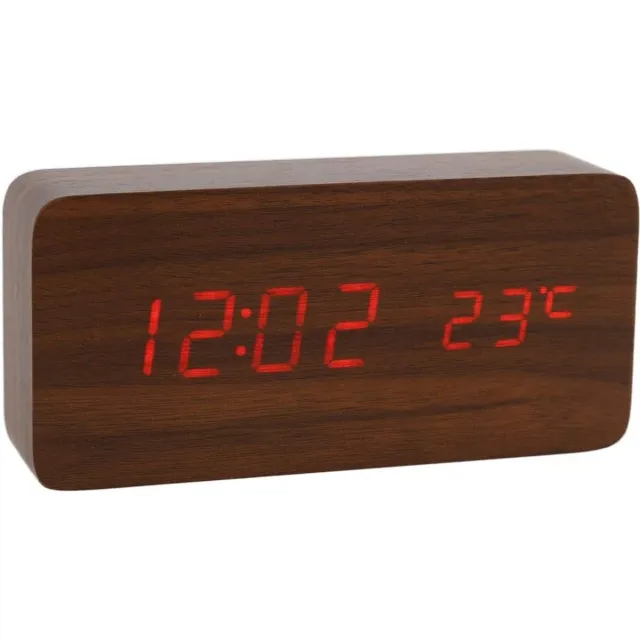 meerklose Houten clock Digitaal 3 Set Alarm Spraakbesturing Mode Bureau-wekker Met Temperatuurweergave Voor Thuiskeuken Kantoor Bureauklok AC11 Brown_Red