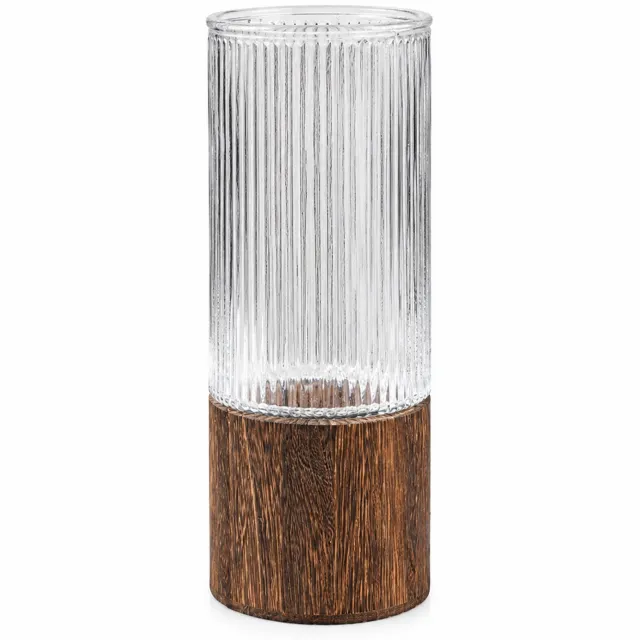 SWGOTA Transparante glazen vaas met verticale ribbels en bruine houten voet - 25 cm hoog, diameter 10 cm - Voor verse bloemen