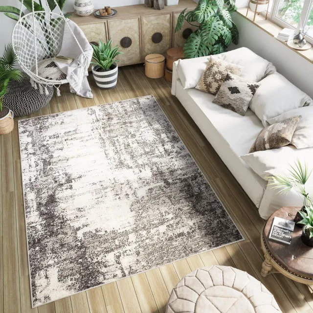 Tapiso Petra Vloerkleed Modern Laagpolig Tapijt Maat- 80x150 Bruin Creme