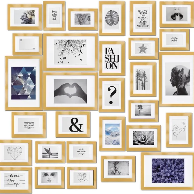 bomoe Emotion Set van 30 Fotolijsten Houten Frames - kunststof glas - 10x 10,5x15cm / 15x 13x18cm / 5x 20x30cm - Metalen Ophanging - Standaard & Passepartout - Goud