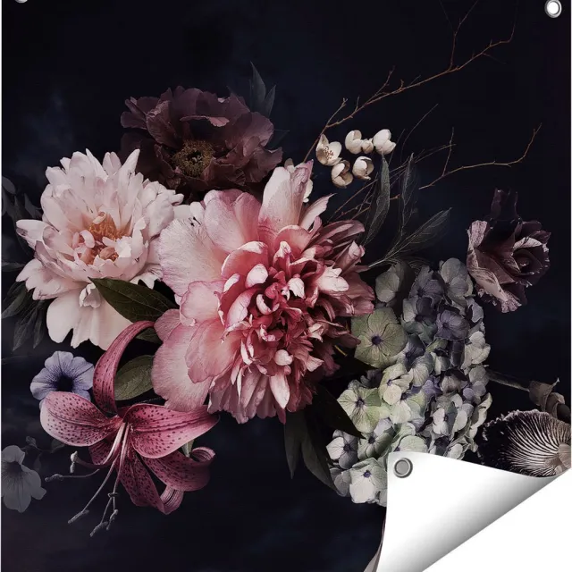 Gards Tuinposter Diverse Bloemen op Zwart Achtergrond - 60x60 cm - Tuindoek - Tuindecoratie - Wanddecoratie buiten - Tuinschilderij Multikleur