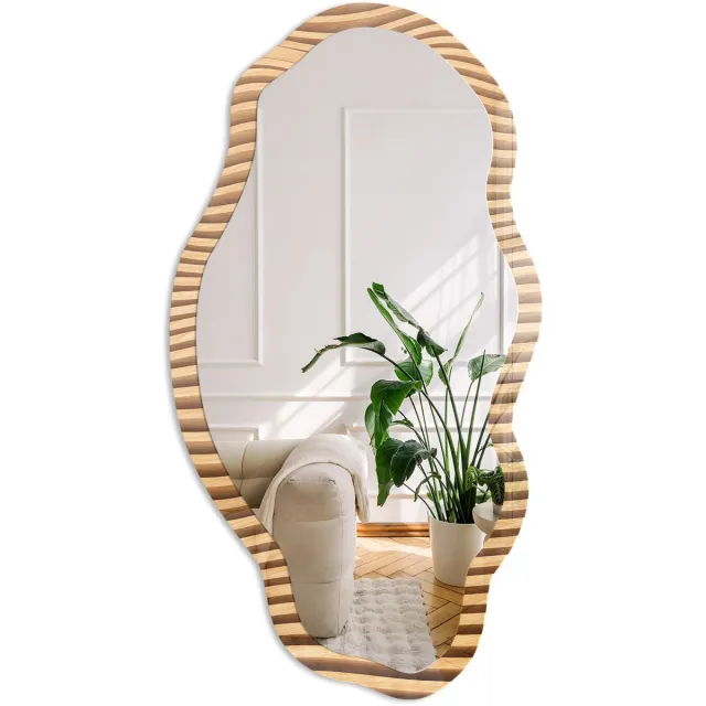 Coloray Houten Golven Spiegel - Bruin Stijlvolle Wandspiegel - Organische Spiegel - Woonkamer, Kantoor, Slaapkamer - Abstract - 45x90 cm - Totale afmeting 52x97 cm Houten Golven, Bruin