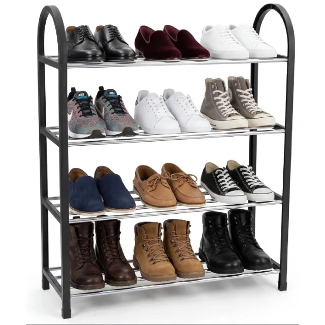 CleanRite Moderne Schoenenrek - Compacte Schoenenstandaard - 4 Lagen - voor 12 Schoenen - Stevige Schoenrek Metaal - Opbergsysteem voor Schoenen - Schoenen organizer - Schoenenkasten - Schoenen Organiseren - Schoenenrekken Kunststof - Zwart - Cleanrite Moderne Schoenenrek - Zwart