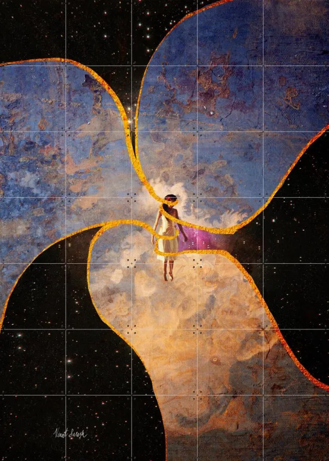 IXXI Between Heaven and Space, Vineet Suresh - 100 x 140 cm - Grote wanddecoratie en posters - Modern, Gemengde Technieken, Illustraties, Geometrische Blauw / Zwart