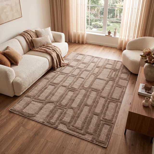 Tapiso Relievo Vloerkleed Geometrisch - 3D Hoog-Laag Structuur - Modern Tapijt voor Woonkamer en Slaapkamer - Taupe 140x200 Taupe Geometrisch