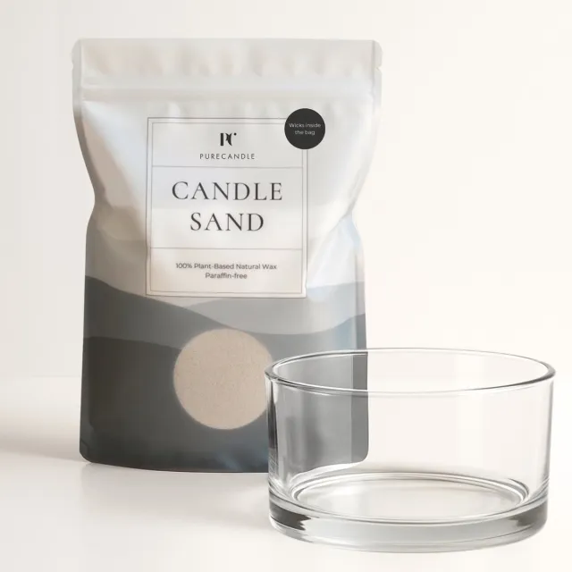PureWorld PureCandle Kaarsenzand Cadeauset – Licht Beige Kaarsenzand 450g + 30 Lonten – Glazen Schaal Clara Ø15 cm - Poederkaars Navulset & Kaarsendecoratie - Kaarszand starterpakket - Kaars parels