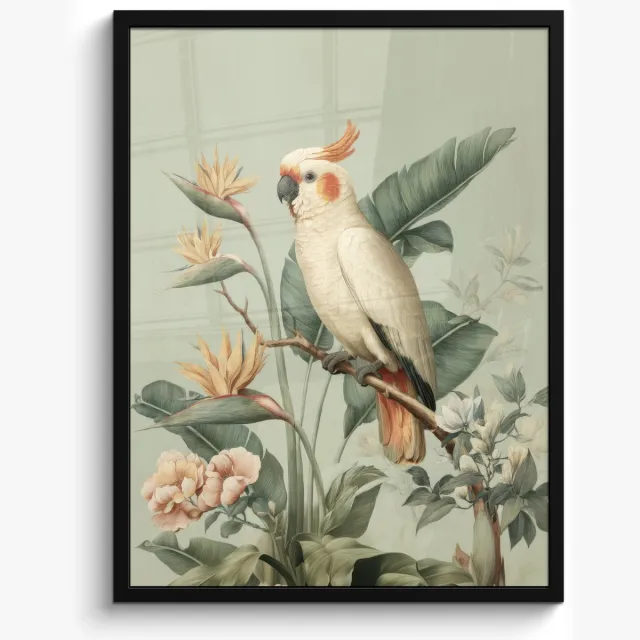 FrameYourWall Poster in lijst - Fotolijst 50x70 cm - Posters - Gele kuifkaketoe - paradijsvogelbloemen - Groen - Posterlijst zwart - Decoratie - Wanddecoratie woonkamer - Muurdecoratie slaapkamer