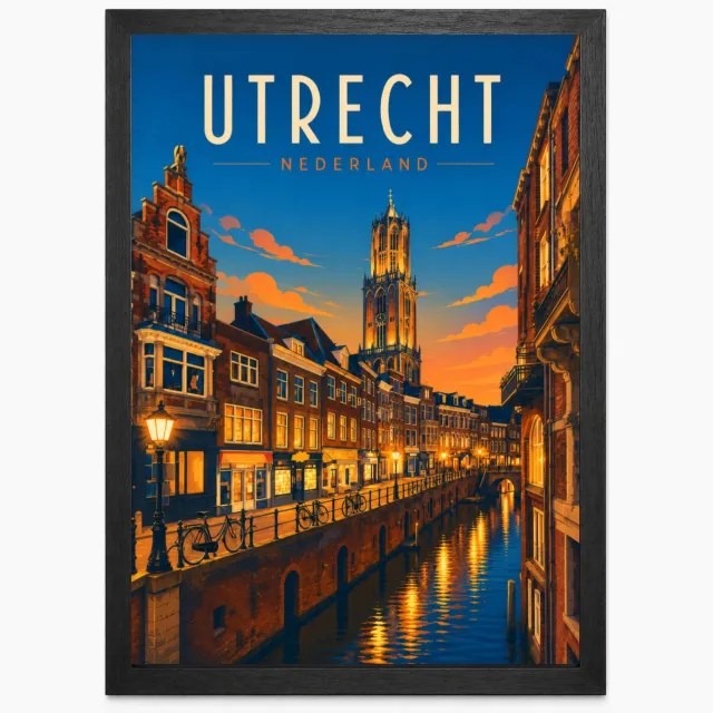 Joshimo Utrecht Vintage Poster | Retro Stadsillustratie Domtoren | Inclusief Zwarte A4 Lijst