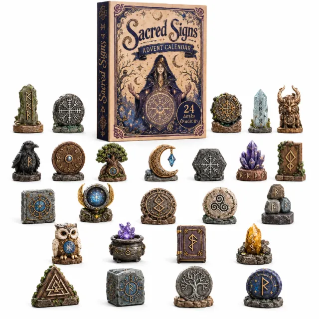 SWGOTA Adventskalender met 24 symbolische decoraties - Runen, maan- en boommotieven - In kartonnen doos Bruin