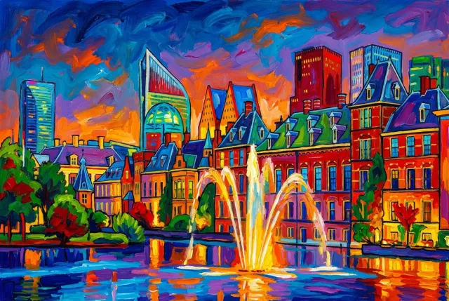 Skyline Den Haag Fauvist Color Painting Skylines - Print op Canvas 90x60 cm - Atelier Iconique gedurfde, levendige en contrastrijke fauvistische kleuren