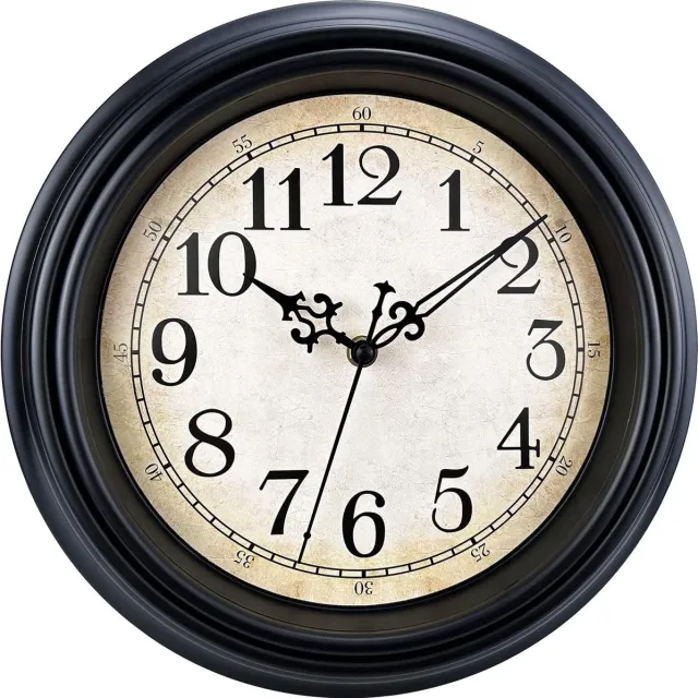 meerklose Retro wandklok, 10 inch niet-tikkende klassieke stille vintage wandklokken decoratieve keuken woonkamer slaapkamer - werkt op batterijen, zwart [Energieklasse A+++]